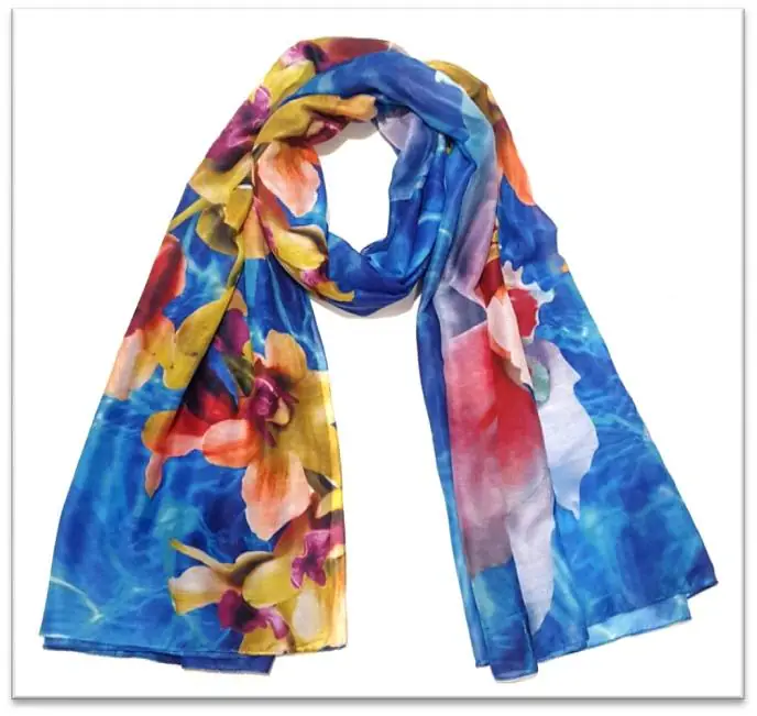 Digitally printed floral scarf in vivid blue, yellow and red